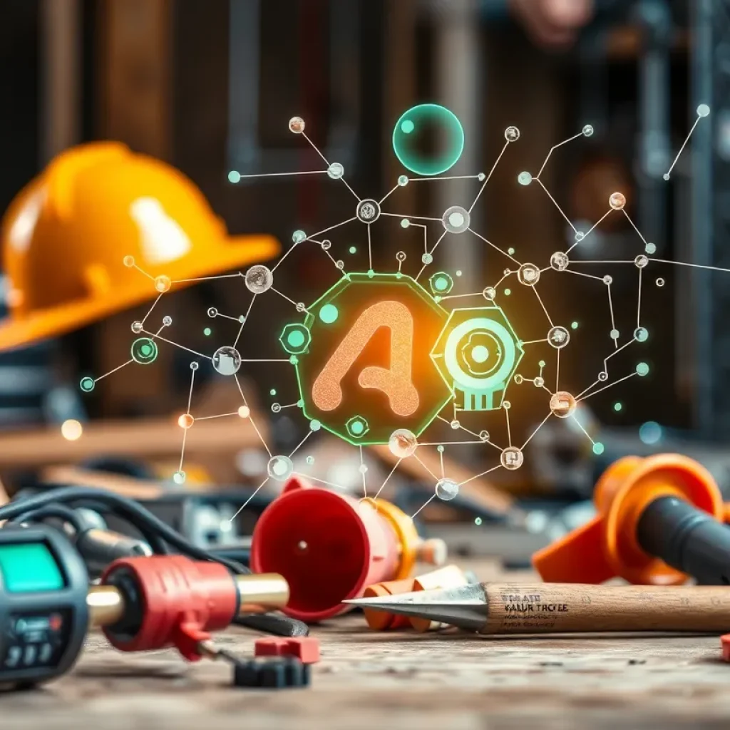 Abstract depiction of AI technology and construction tools.