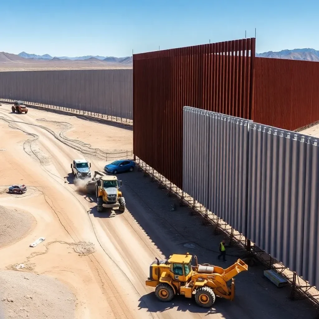 Construction site of a border wall in Arizona with machinery and workers.