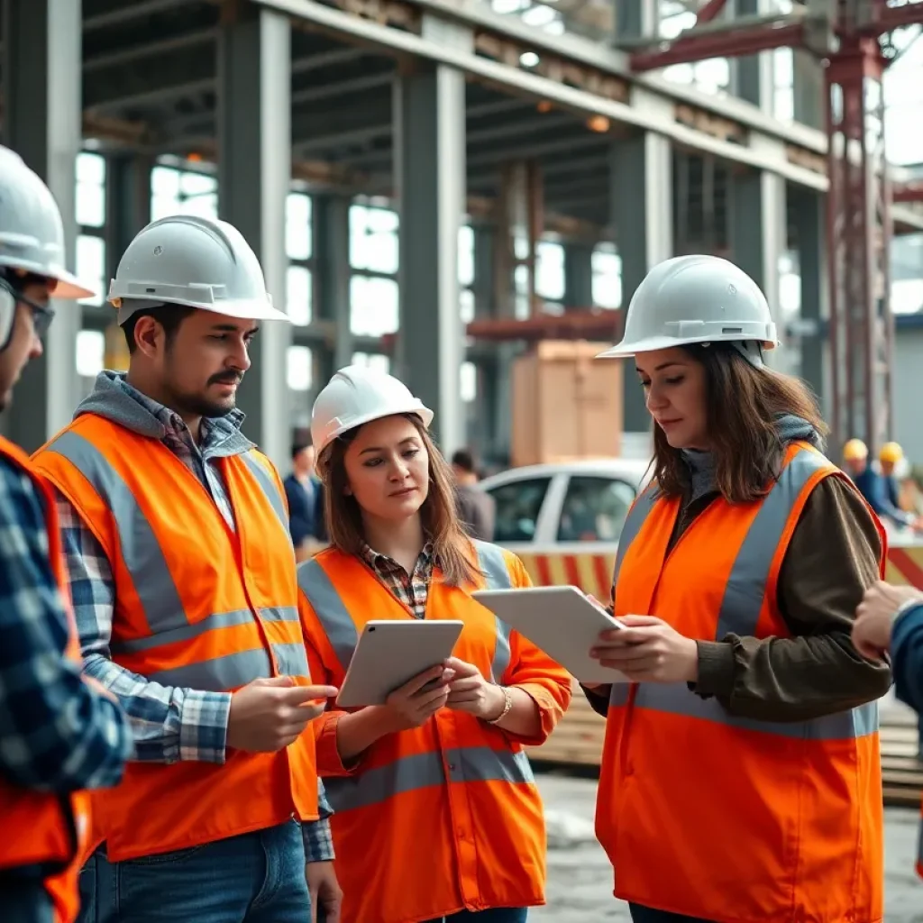 Team collaboration on a construction site using technology for project management.