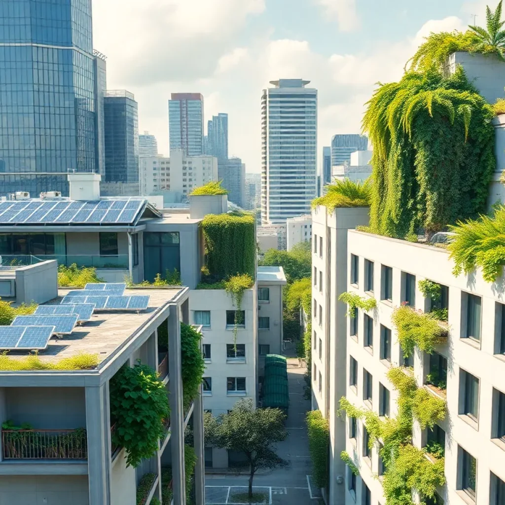 Eco-friendly buildings with green features in a city