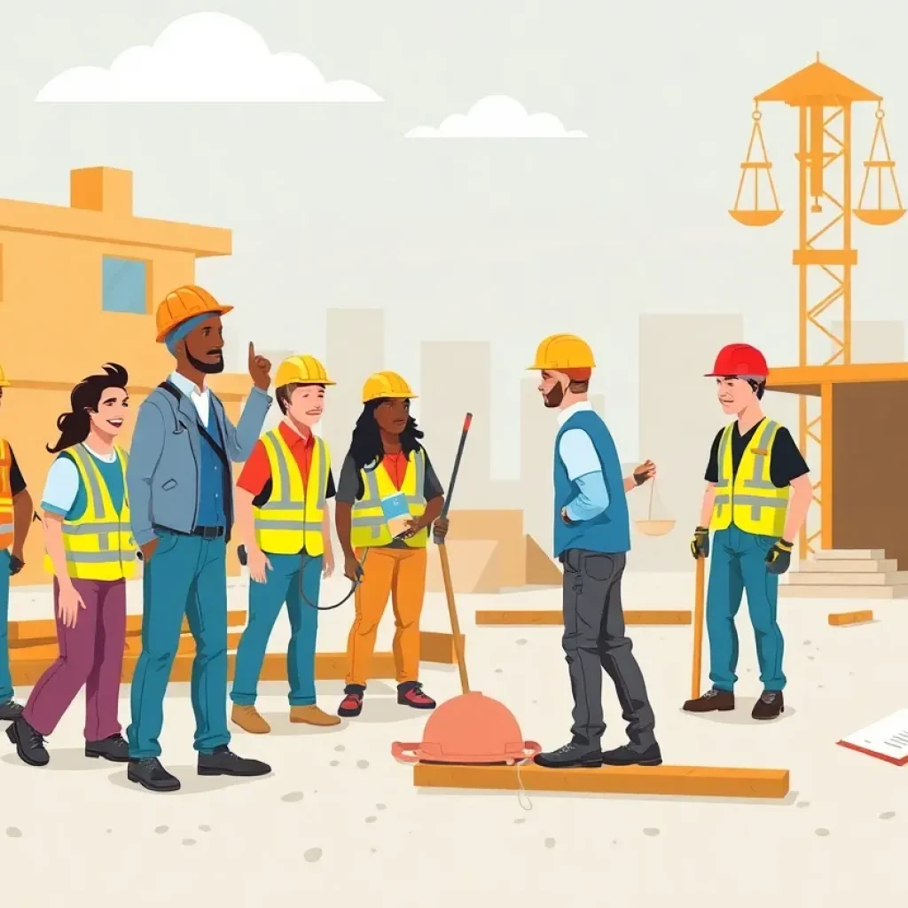 Diverse construction workers focused on their tasks while ensuring fair wage practices.