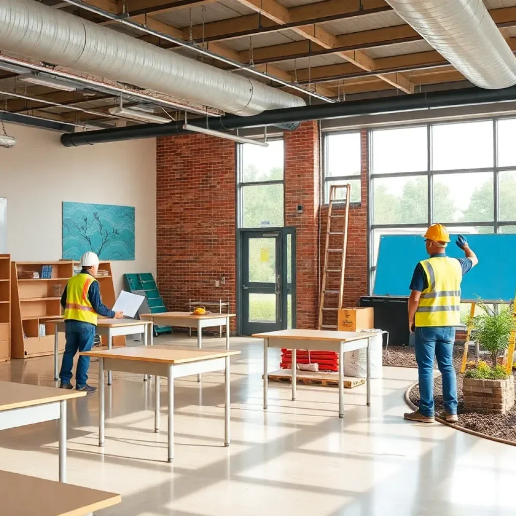 Construction workers renovating a school during summer