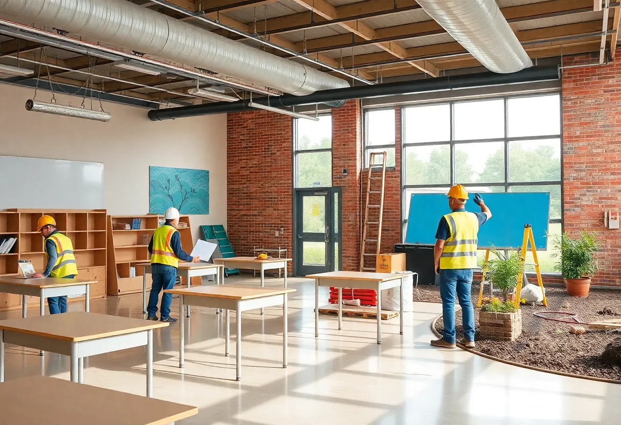 Construction workers renovating a school during summer