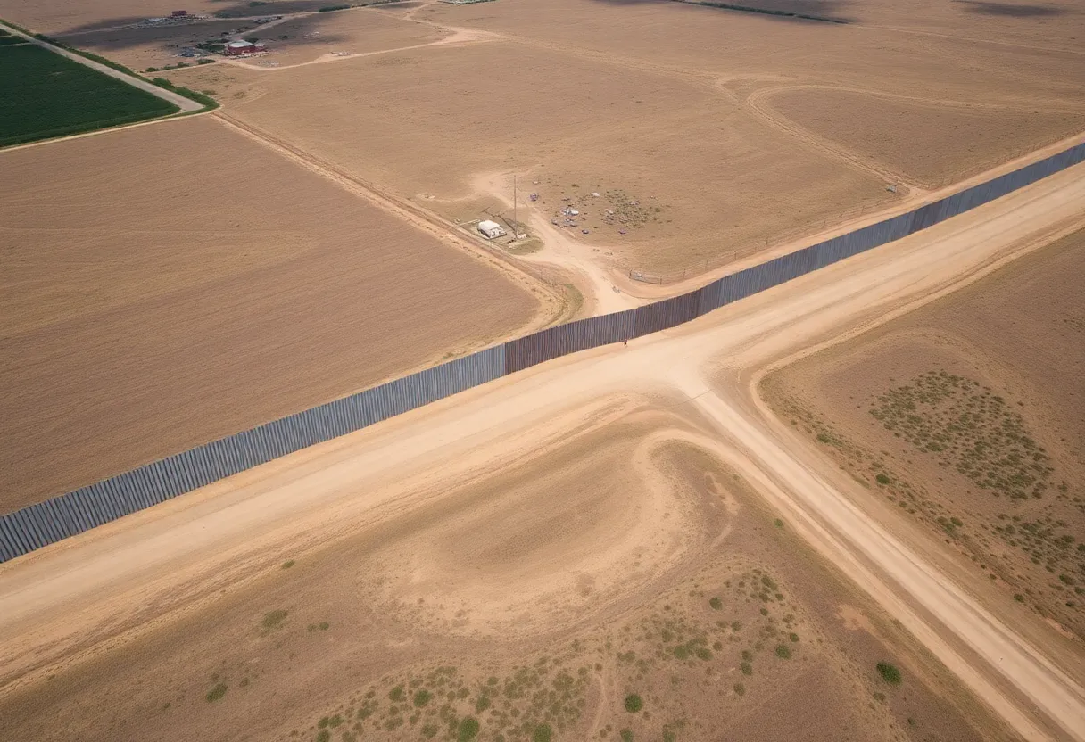 Construction site of the Texas border wall showing completed sections and gaps.