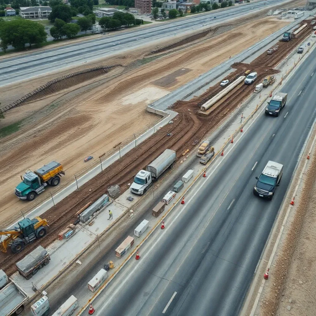 Construction site showing workers and machinery on a Texas highway