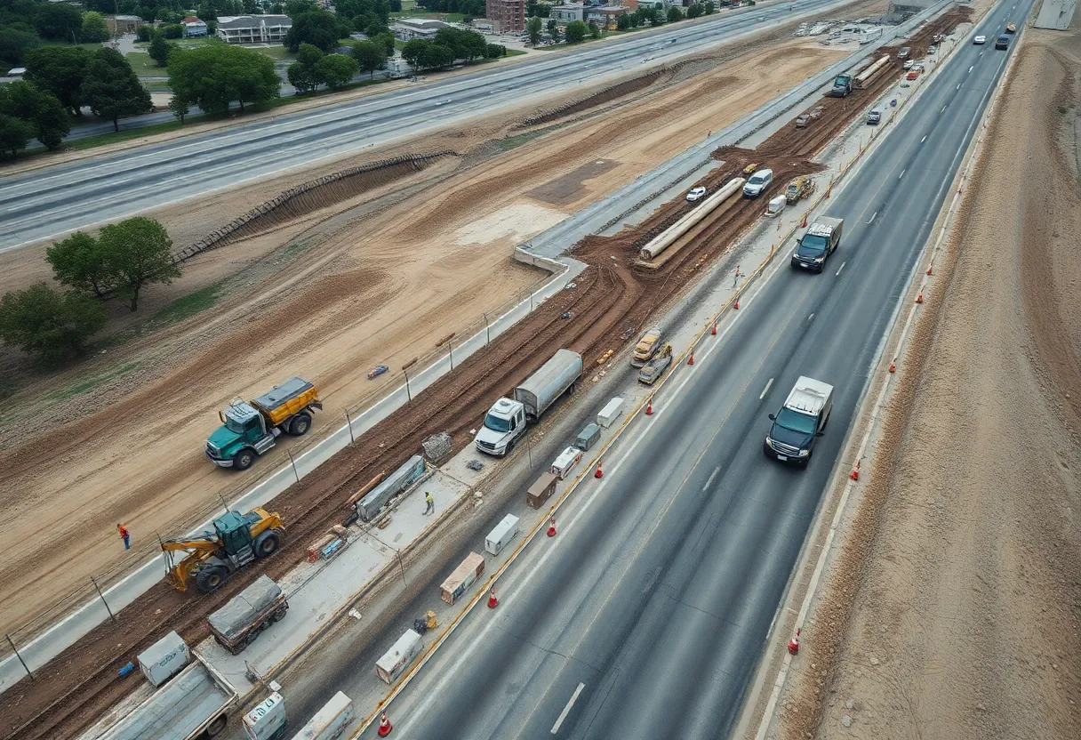 Construction site showing workers and machinery on a Texas highway