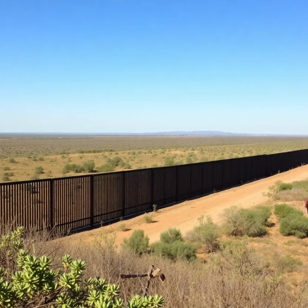 Landscape view of the Texas-Mexico border with border wall sections visible