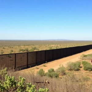 Landscape view of the Texas-Mexico border with border wall sections visible