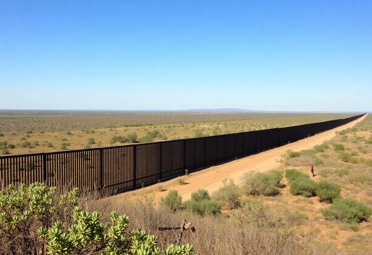 Landscape view of the Texas-Mexico border with border wall sections visible