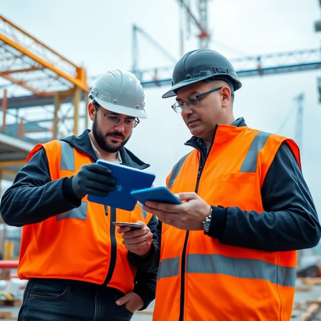 Construction professionals using AI technology on a project.