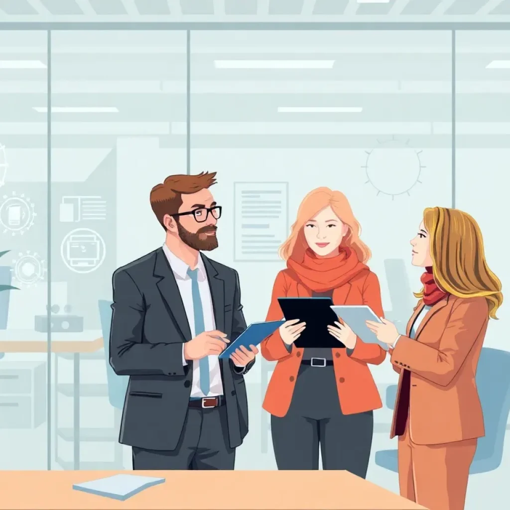 Small business owners collaborating with AI technology