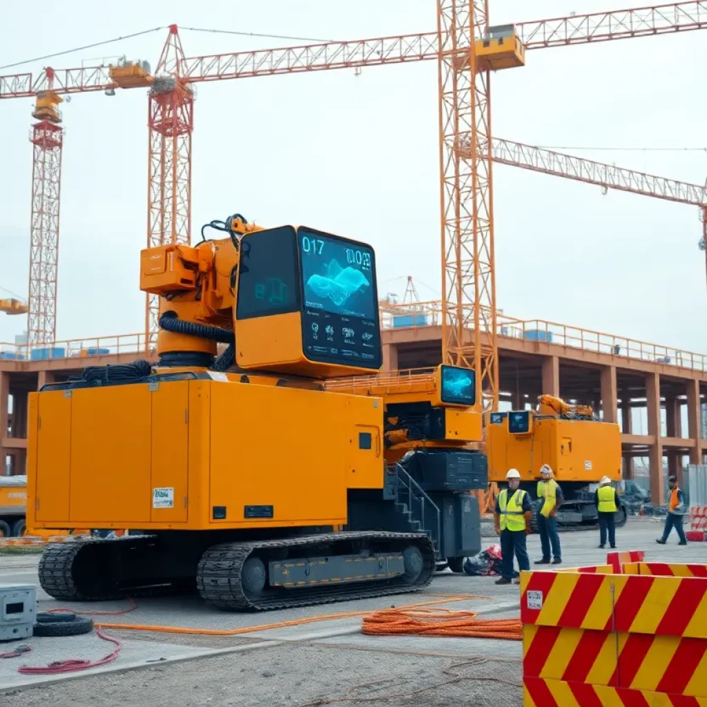 Futuristic construction site utilizing AI technology