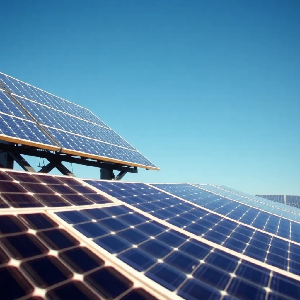 Illustration of solar panels and advanced technology in solar energy installation.