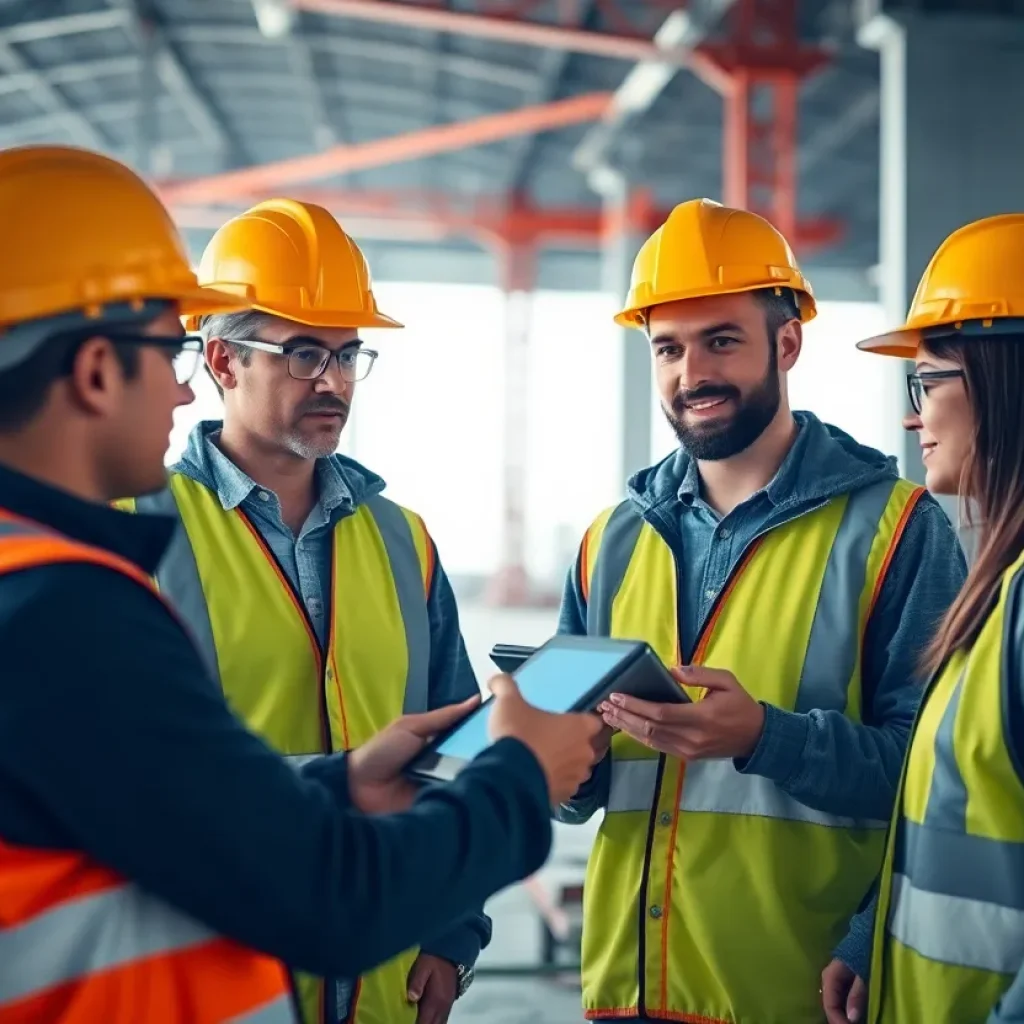 Construction site with teams utilizing AI technology for project management