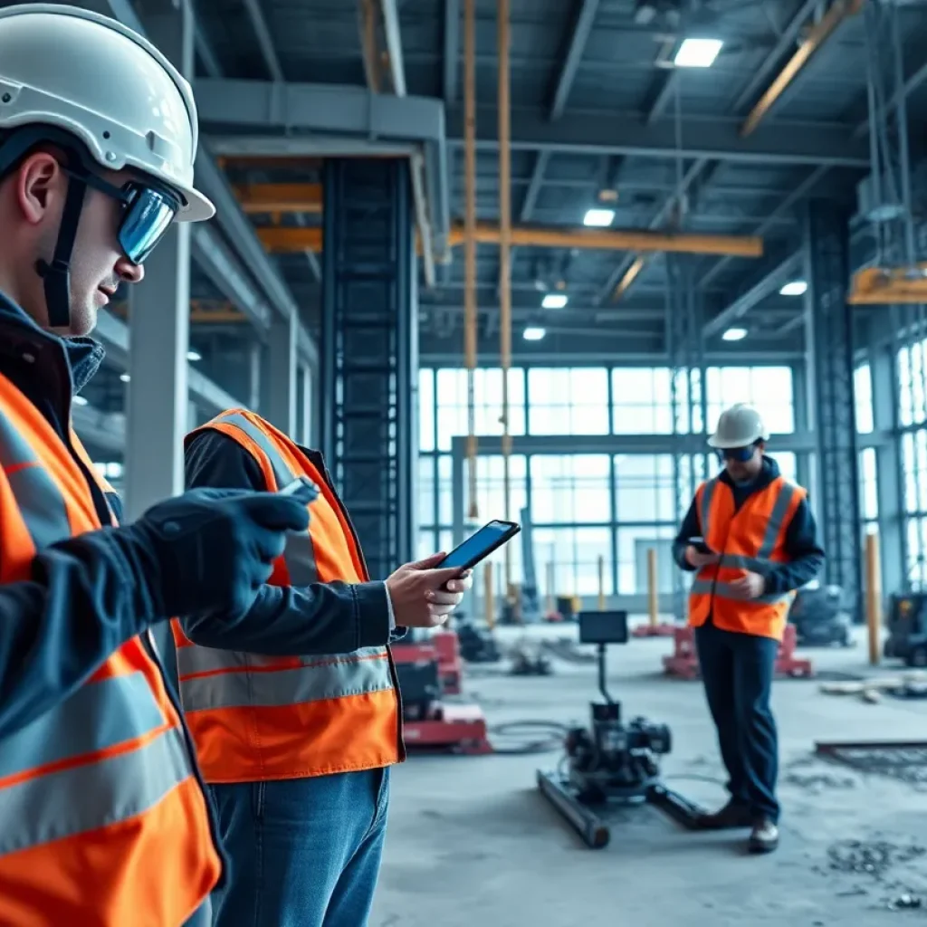 Construction professionals using AI technology on site