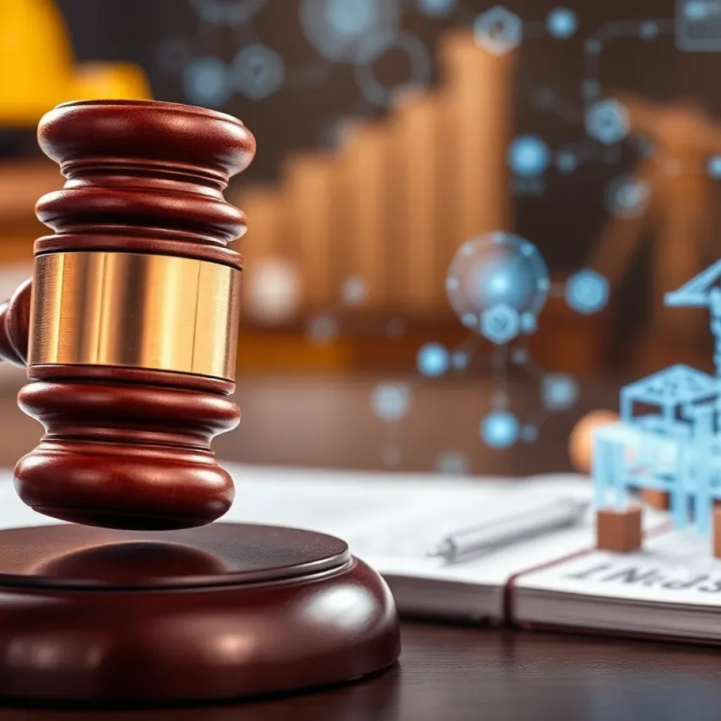 Digital representation of AI technology integrated into arbitration processes in the construction industry.