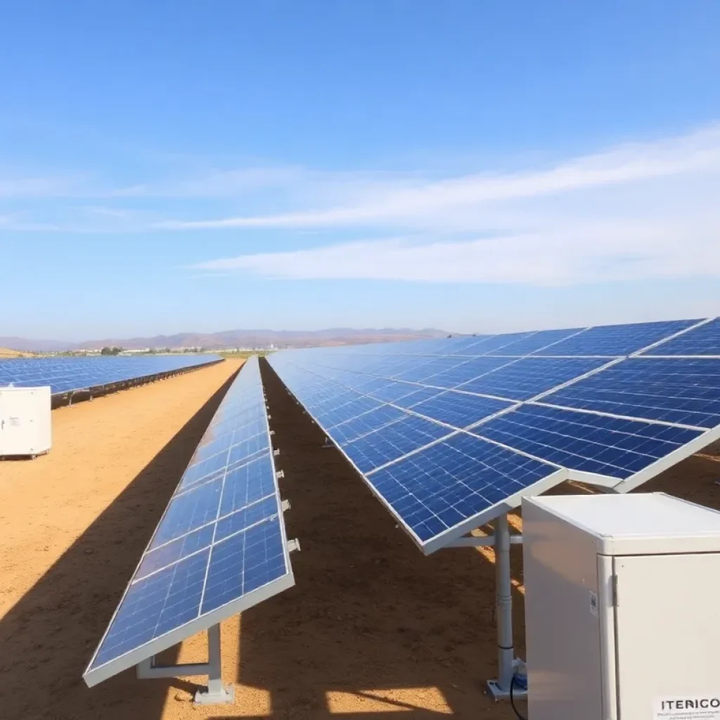 Aerial view of the Aratina 1 solar and energy storage project in Kern County, California.