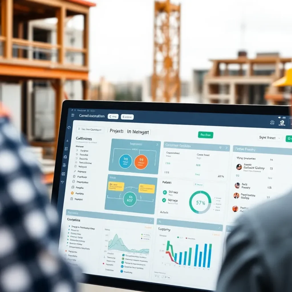 Construction site with project management software in use