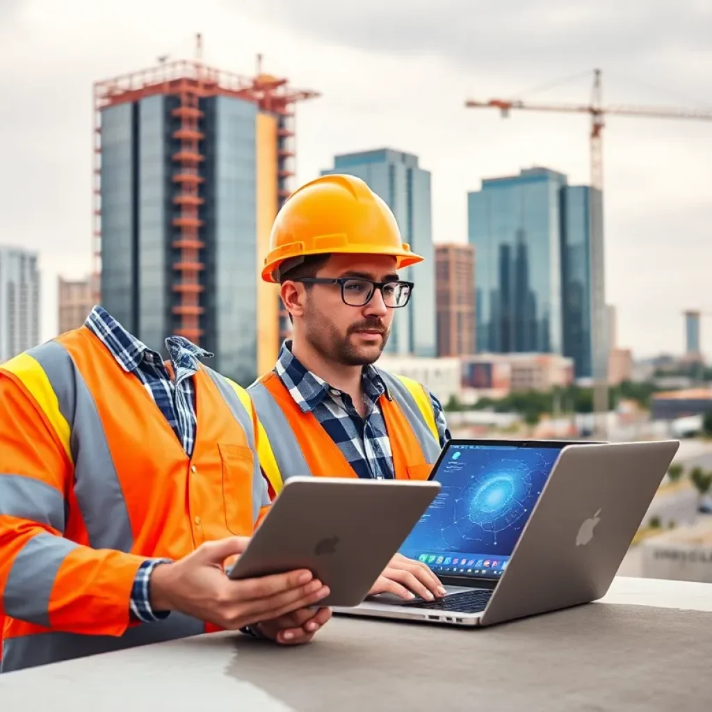 Bakersfield cityscape showcasing construction workers using AI technology.