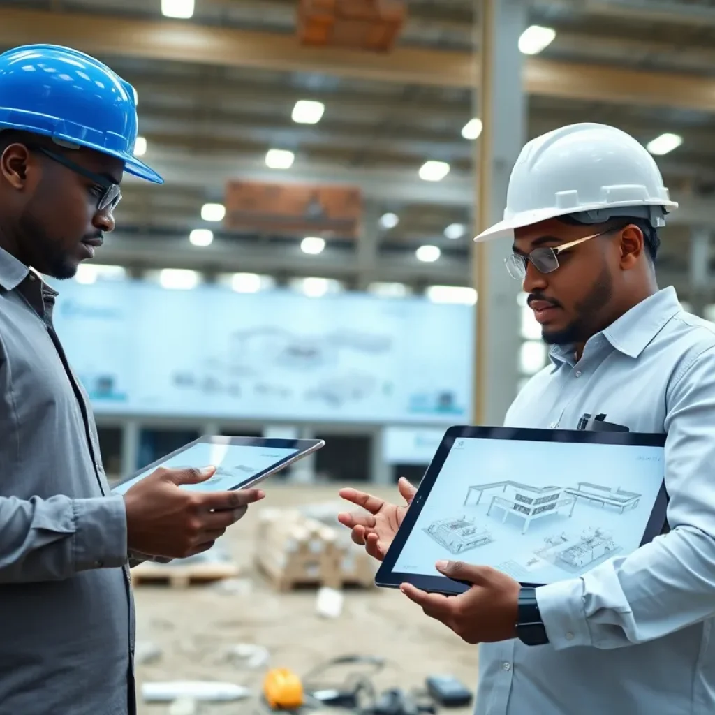 Architects and engineers using technology on a construction site in Nigeria.
