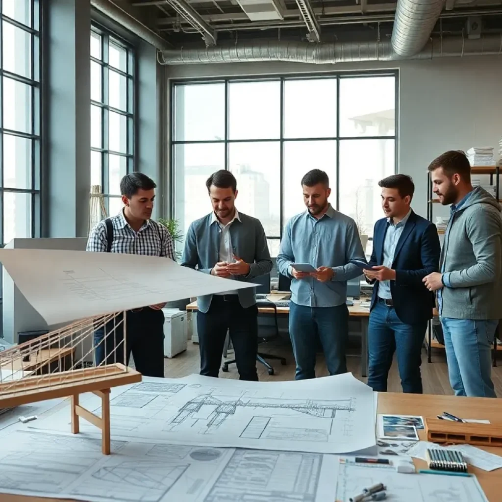 Team of engineers collaborating on bridge design