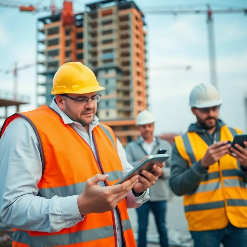 Professionals communicating on a construction site using BuilderComs software
