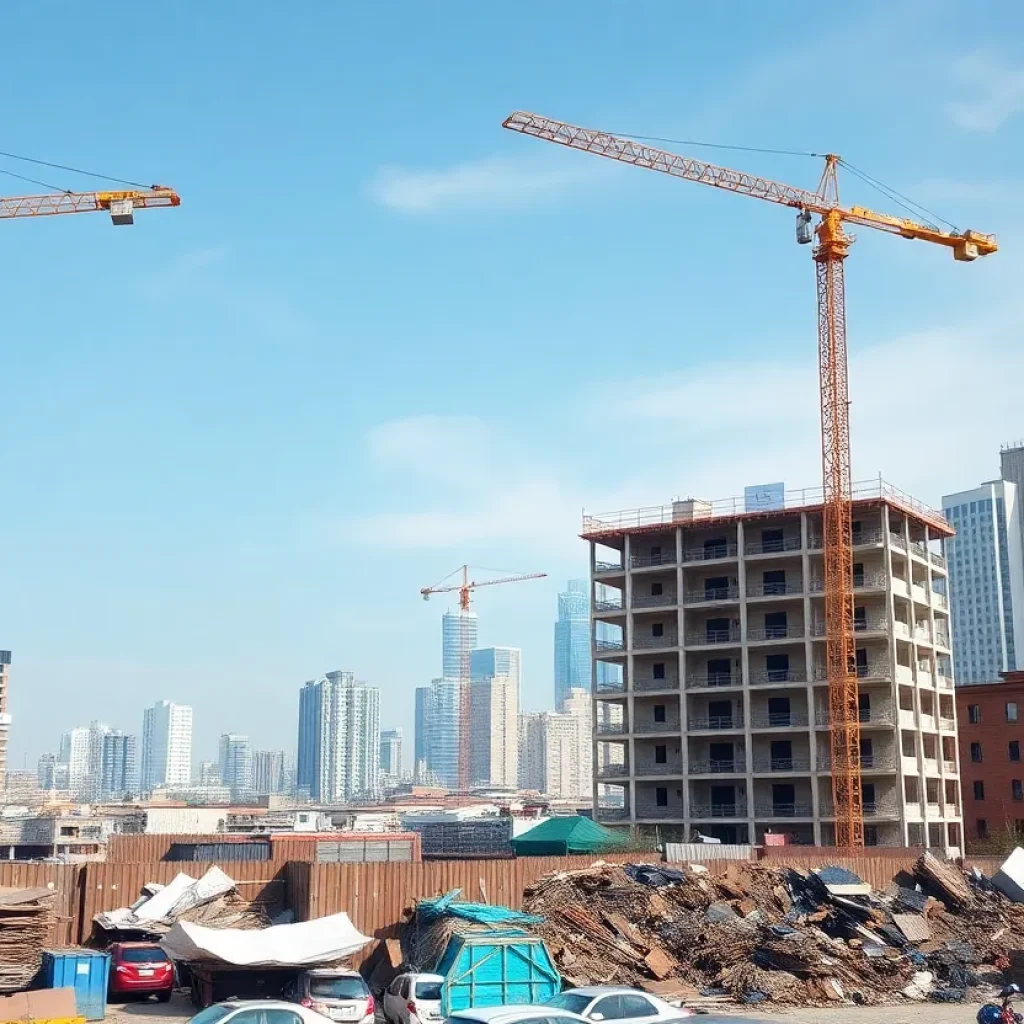 Illustration showing mixed performance in building permits with construction elements.