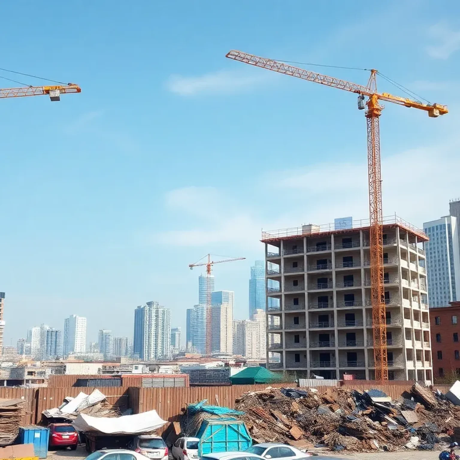 Illustration showing mixed performance in building permits with construction elements.