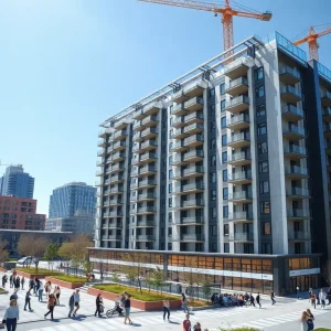 Architectural rendering of Chapter Ann Arbor, a new student housing complex.