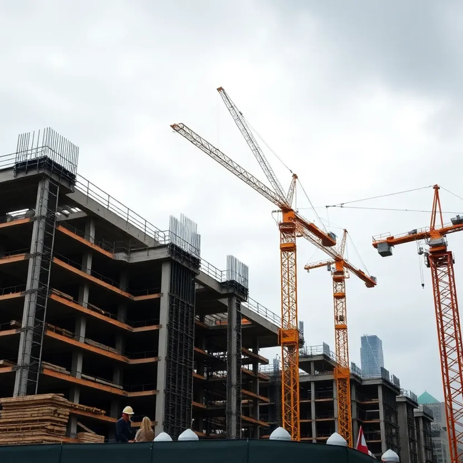 Construction site with cranes and workers in Chicago