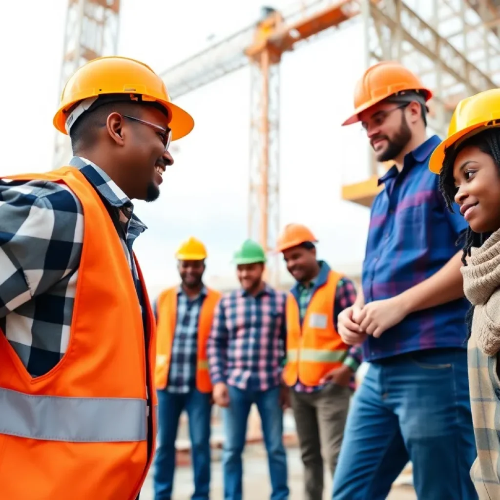 Construction workers collaborating on a federal project