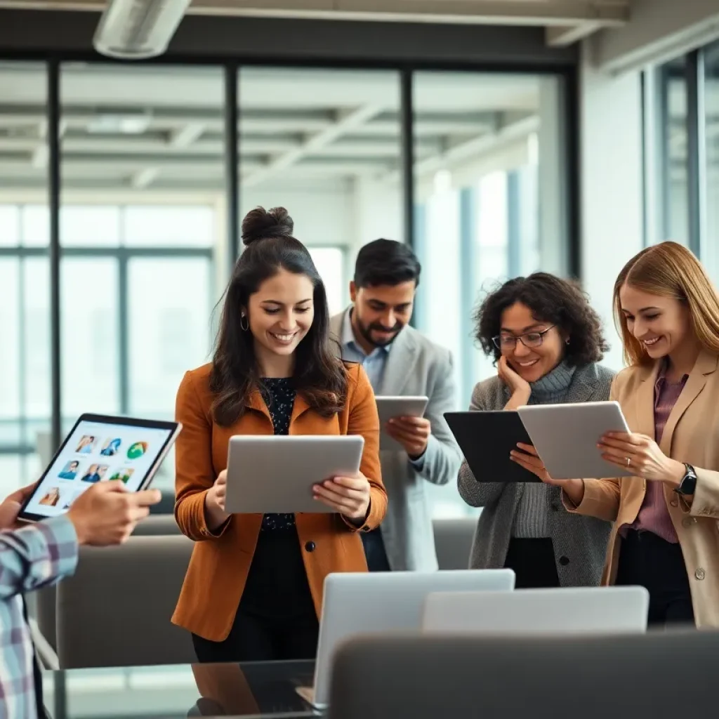 Diverse professionals collaborating in a modern office using SaaS technology.