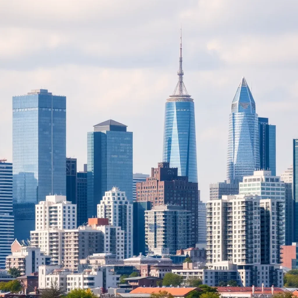 City skyline showing a blend of office and residential buildings.