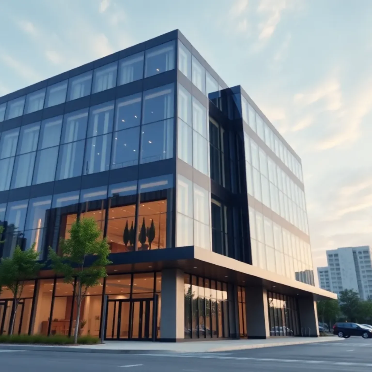 Image depicting a modern commercial real estate office building.