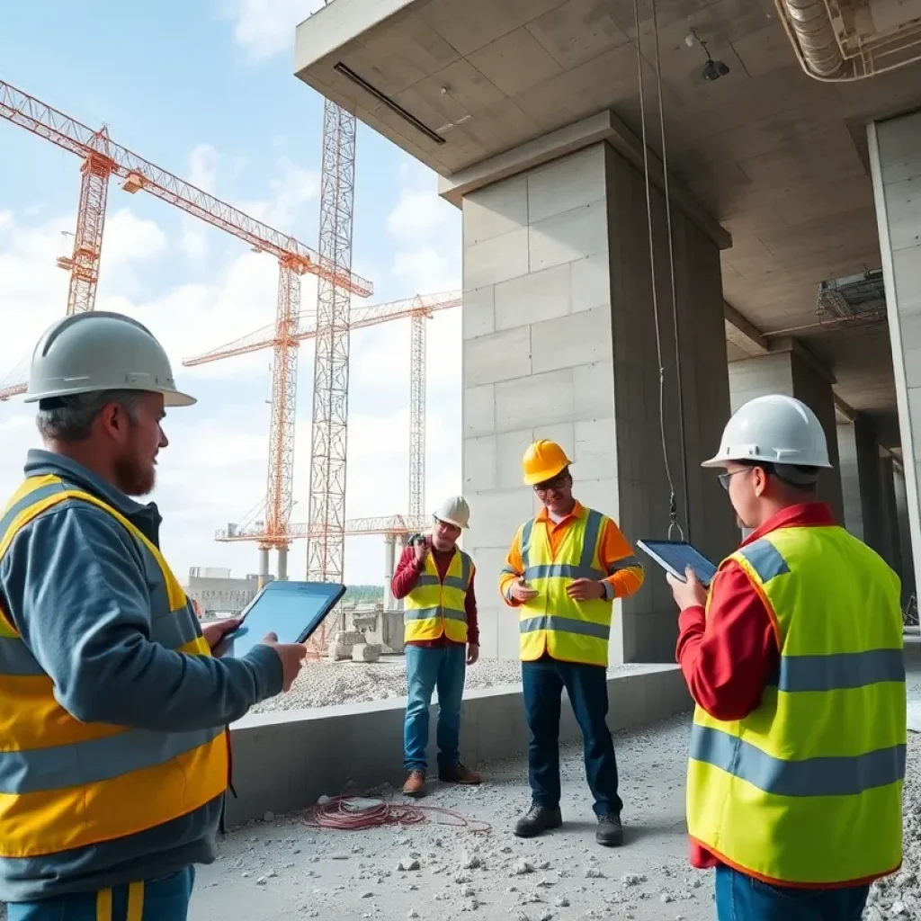 Workers using technology in a concrete construction site