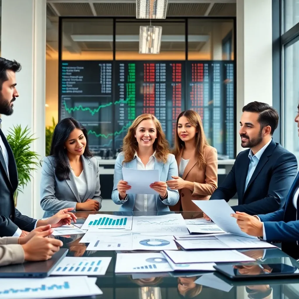 Financial team analyzing growth charts in office setting