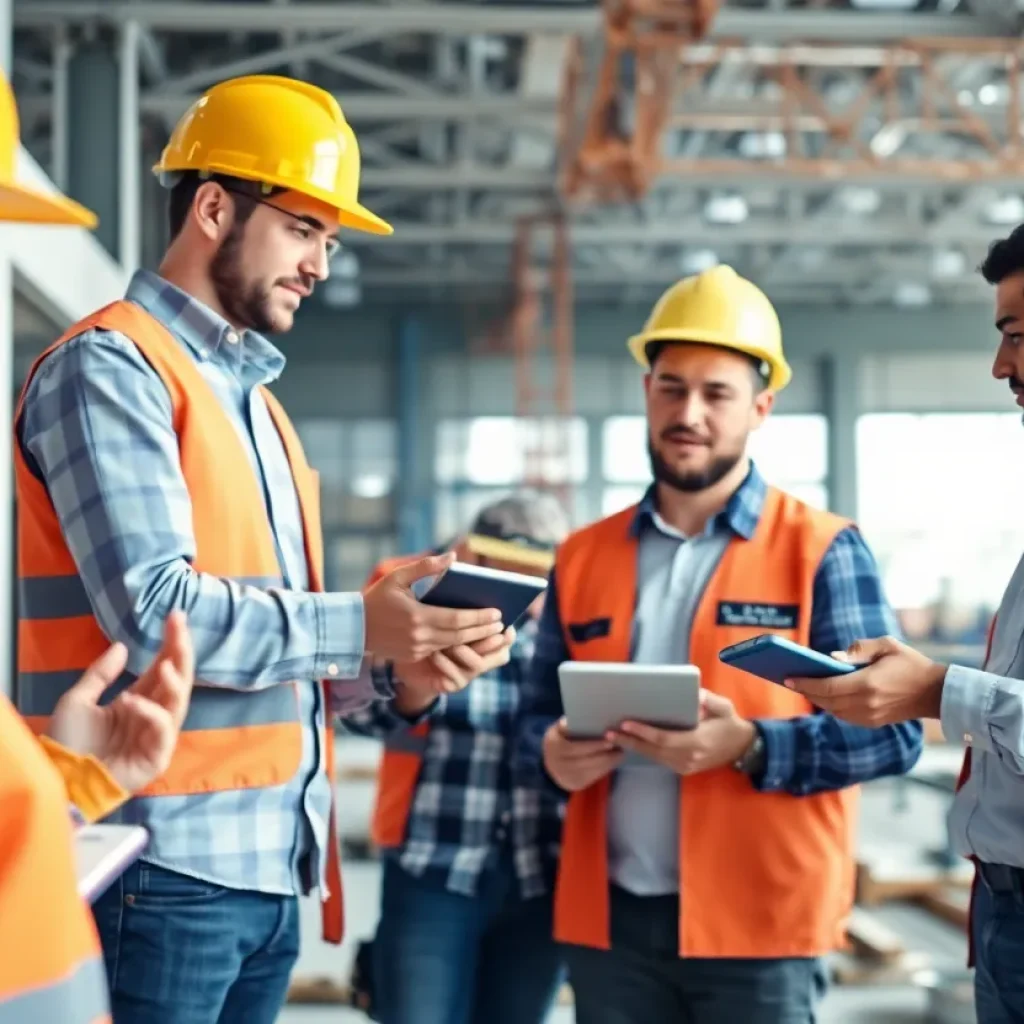 Construction team using digital tools on site