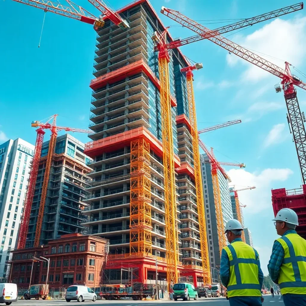 Urban construction site with workers and cranes