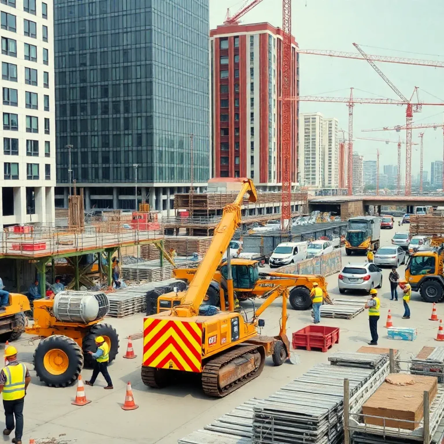 Workers on a construction site managing tasks with machinery and infrastructure developments.