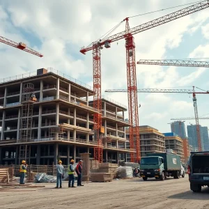 A bustling construction site demonstrating ongoing projects and industry challenges.