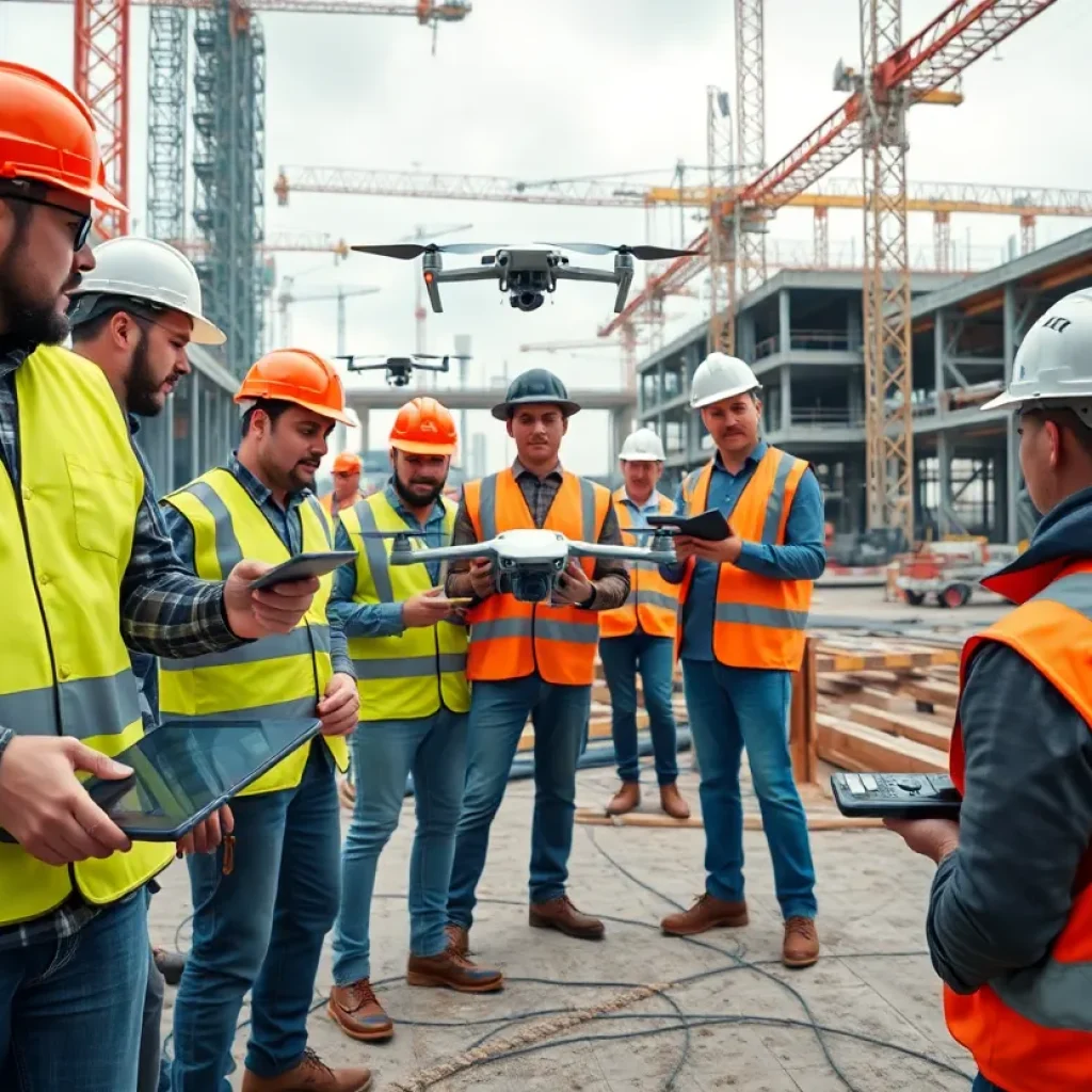 Construction team utilizing technology on site