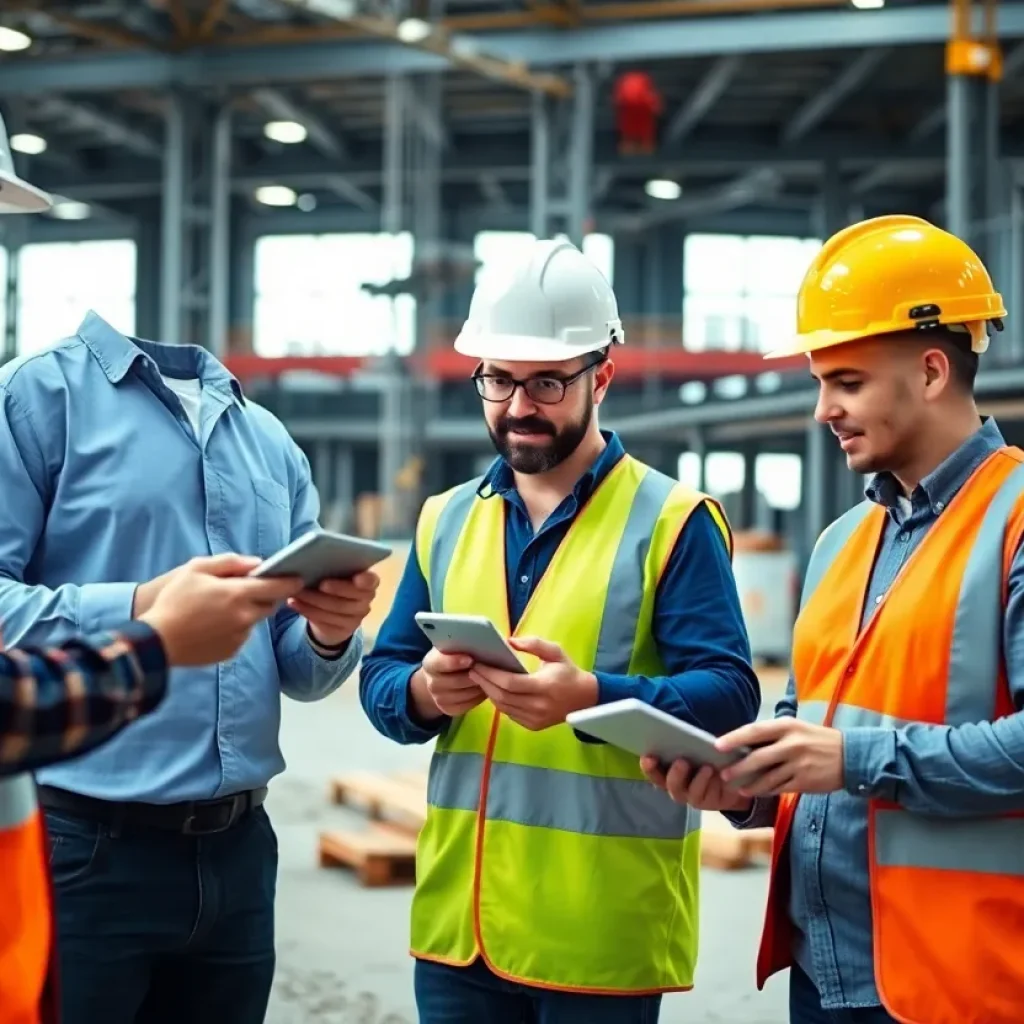 Construction workers utilizing ERP software on site