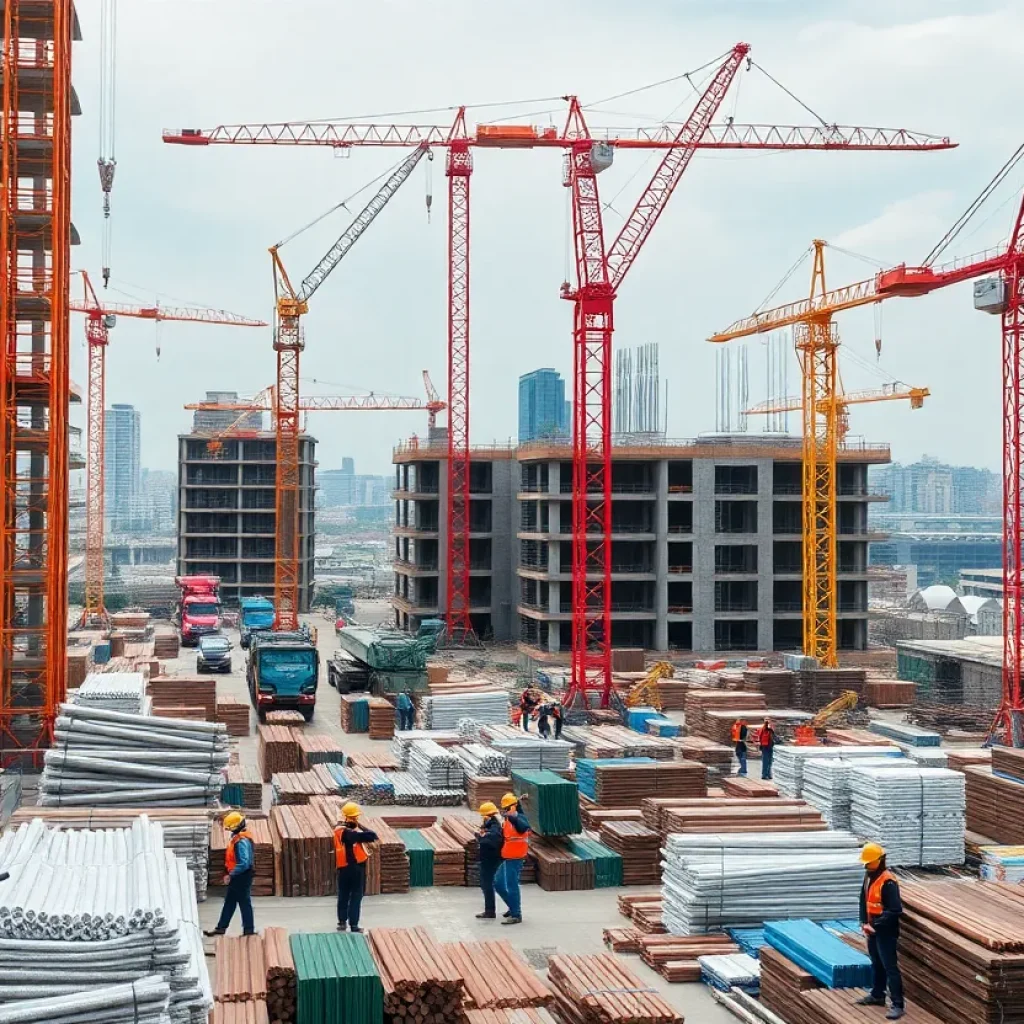 Construction site with workers and materials amidst challenges