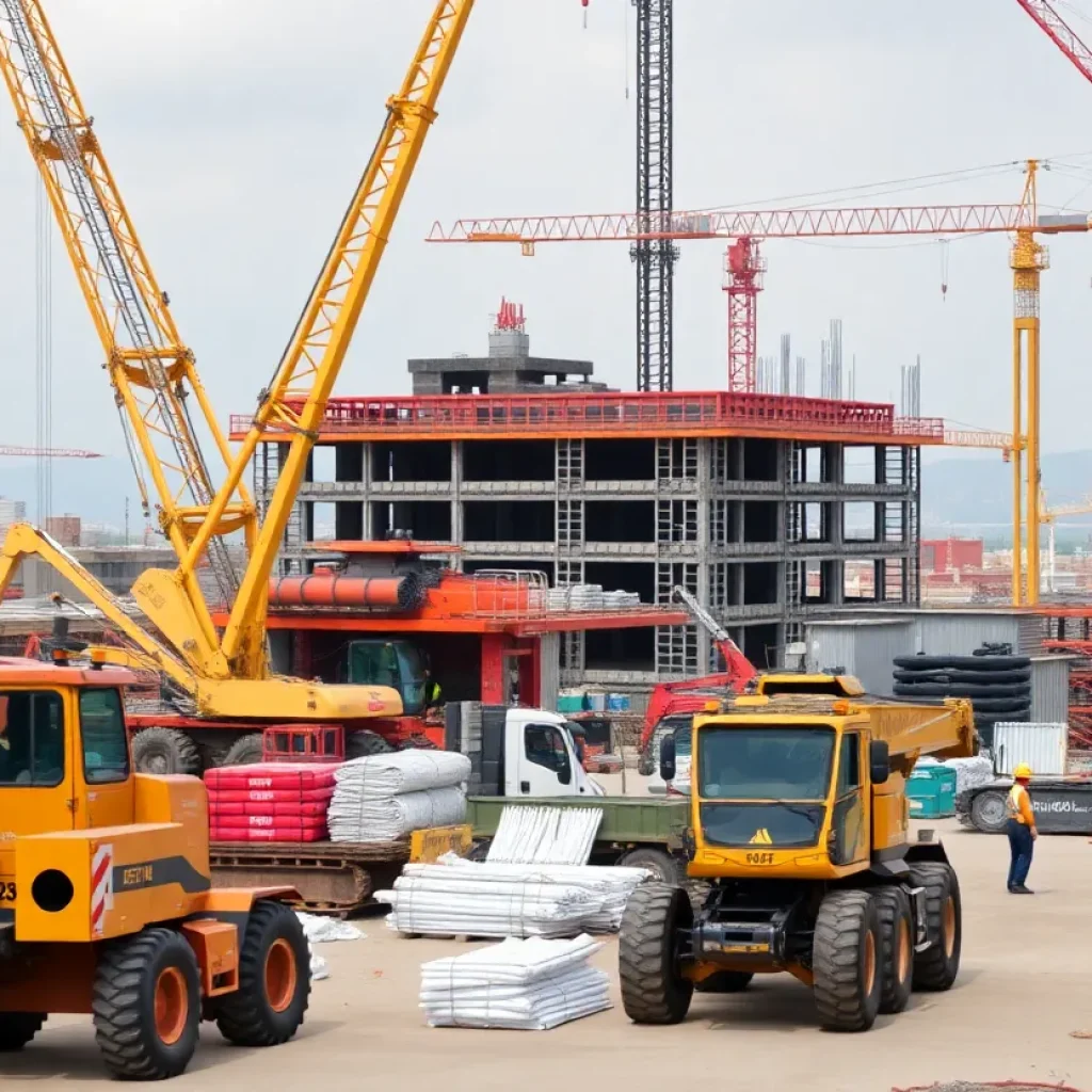 A vibrant construction site with various machinery and construction activities.