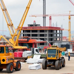 A vibrant construction site with various machinery and construction activities.