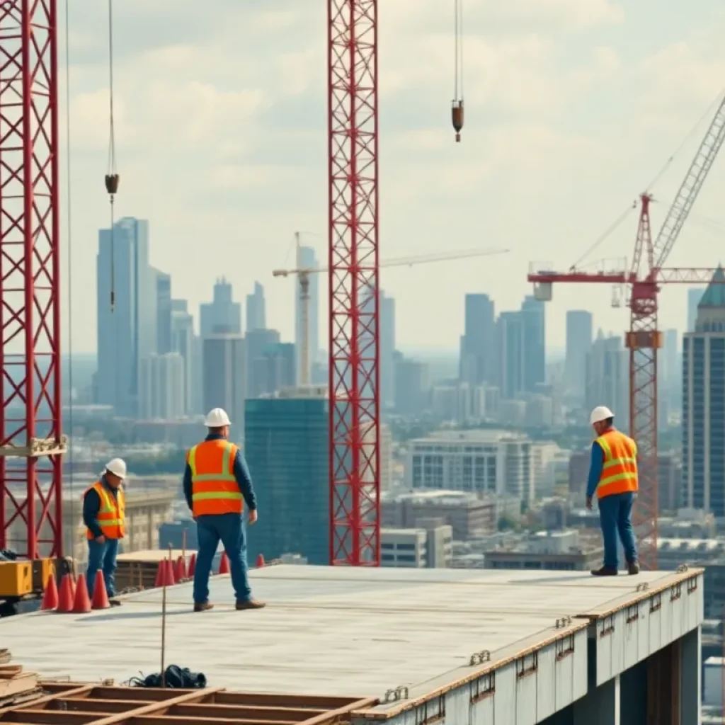 Builders working at a construction site with cranes and city skyline in background