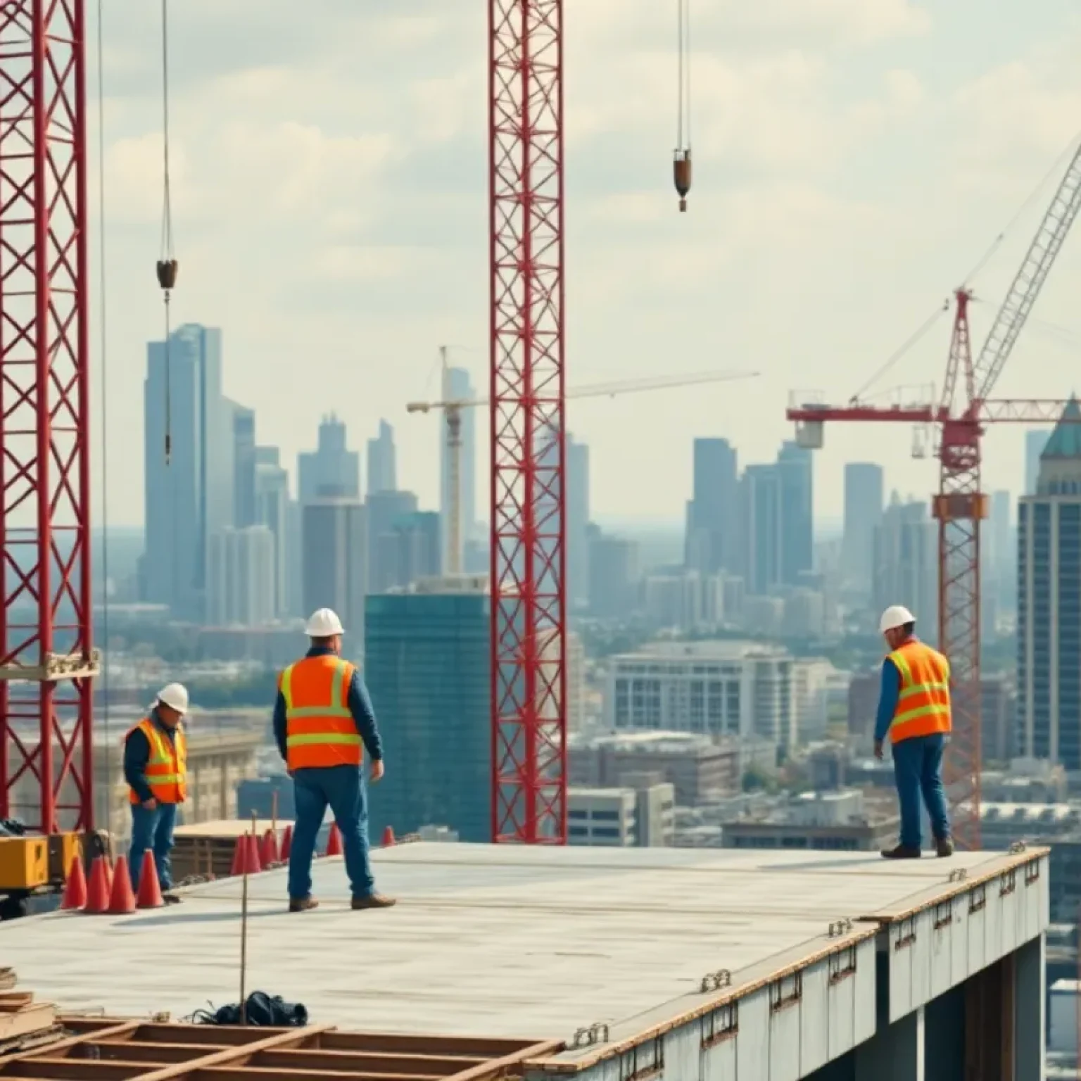 Builders working at a construction site with cranes and city skyline in background