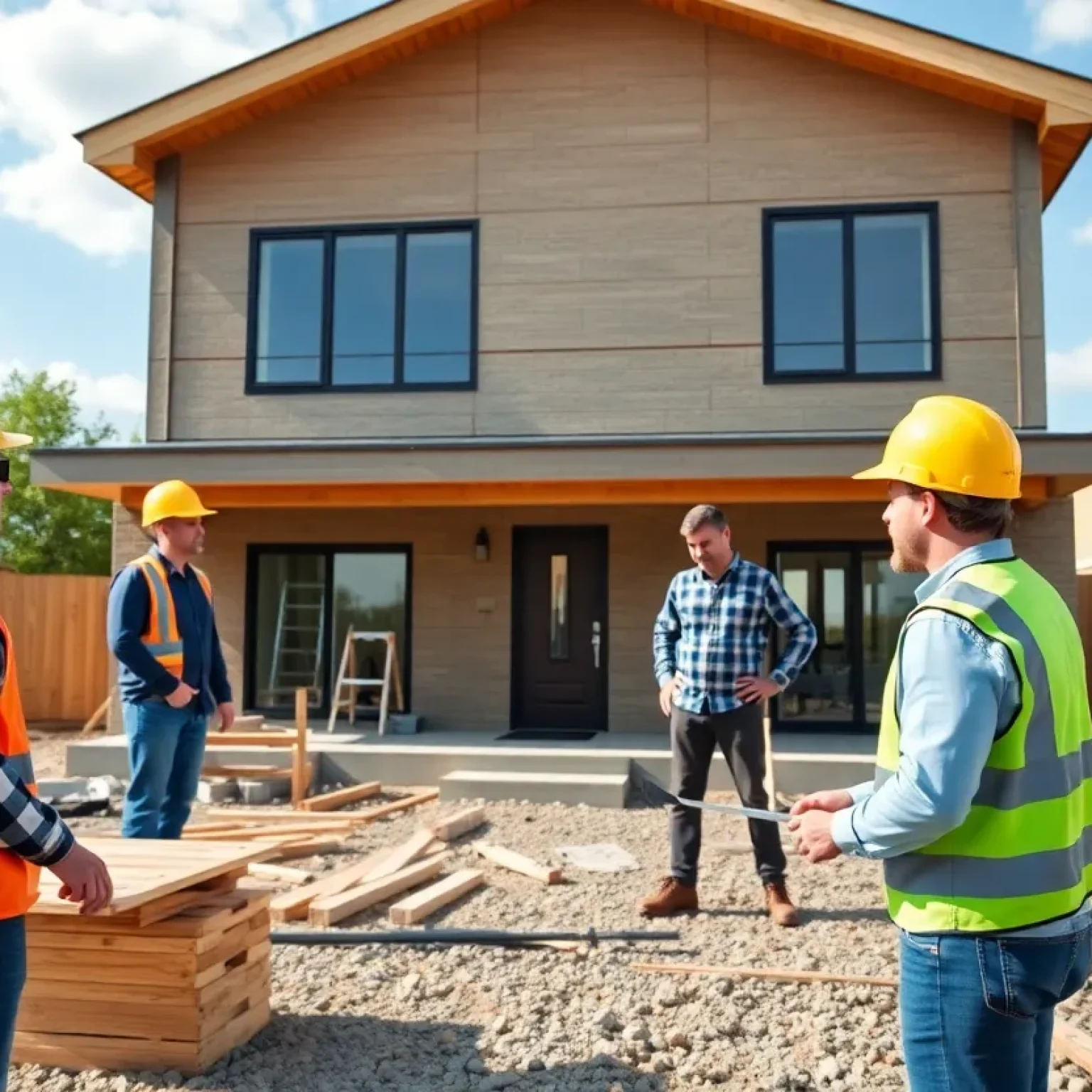 Construction site with various home building processes underway.