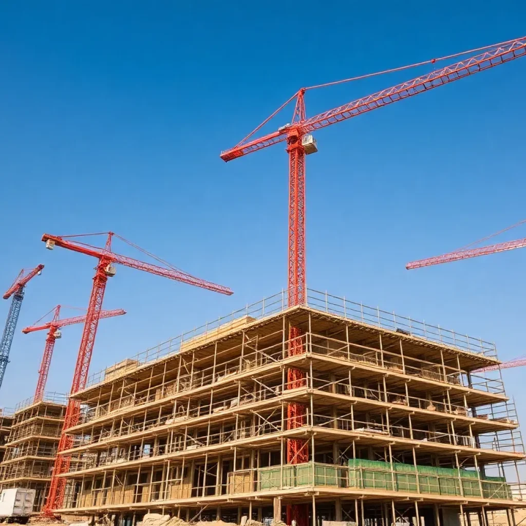 Construction site in the Middle East showing cranes and workers amidst rising costs.