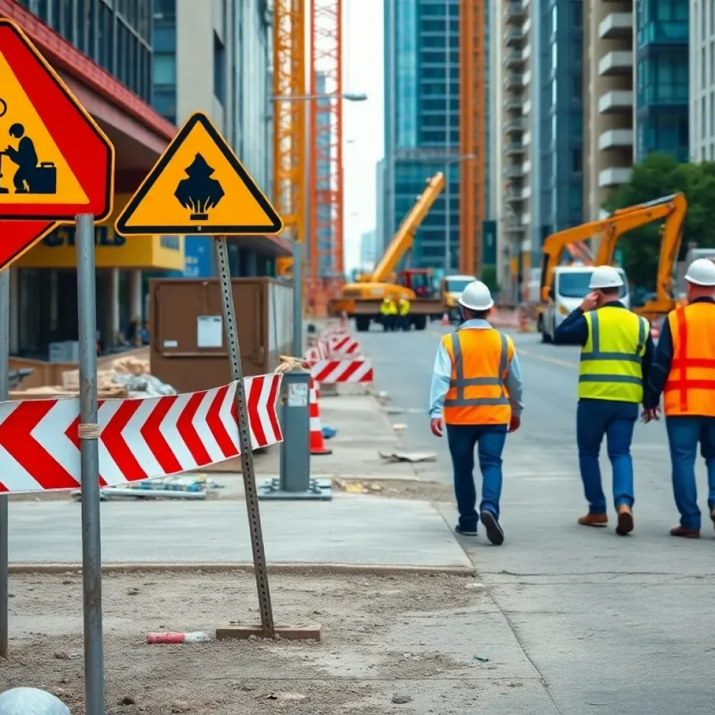 Construction workers on a site with safety measures in place.